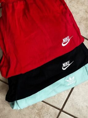 Nike Red, Black & Adidas Mint Green Short Trio - Logo Athletic Shorts